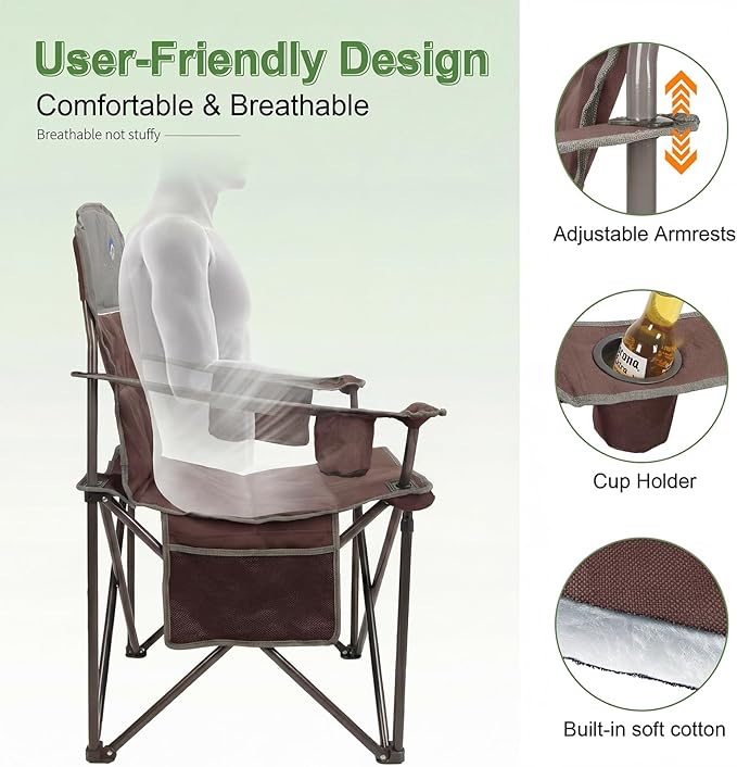 CAMPHILL Oversized Camping Chairs 2 Pack - Heavy Duty 400LBS Padded Lawn Chair with Cooler BagCup HolderSide PocketCollapsible for OutdoorCampFishing &amp GardenMaroon