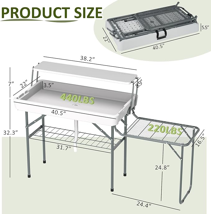 Dragosum Outdoor Ice Cooler Table with Metal Side Desktop Folding Ice Table with Mesh Desktop Portable Bar Drink Cooler Desk‌ with Skirt for Camping Picnic BBQ Party (Grey)