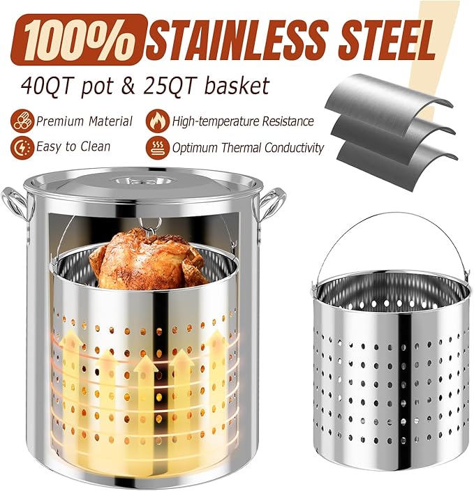 Stainless Steel 40QT Turkey Fryer Kit Waterproof Cover &amp 12-inch Skimmer 55000BTU Propane Burner Stove Turkey Fryer Pot Outdoor Deep Fryer Crawfish Boiler with 25QT Basket