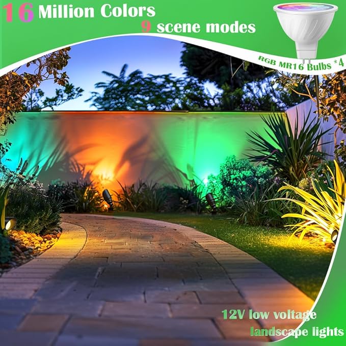 RGB Landscape Lighting Smart Low Voltage Landscape Lighting Kit with Color Changing 4 Pack 12 Volt Landscape Lights Outdoor Spot Lights for Yard Garden LightingRemote/APP/Voice Control.
