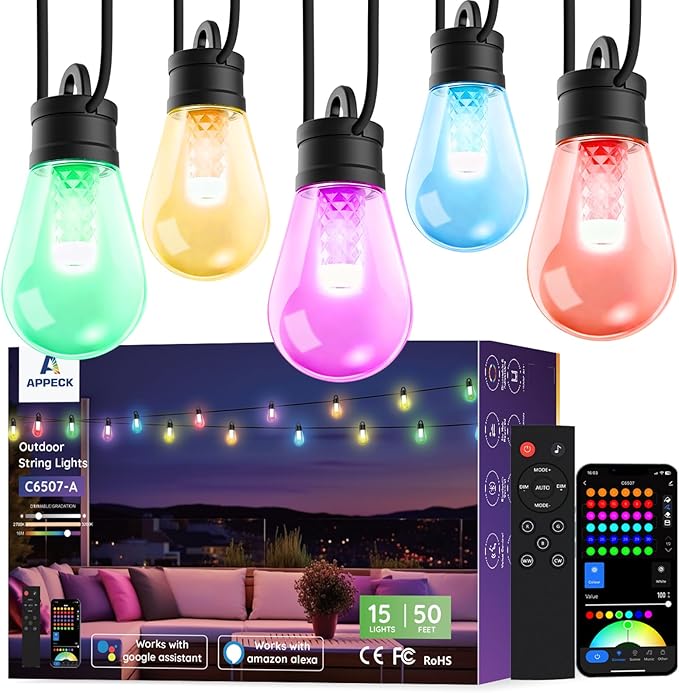 APPECK Outdoor String Lights 50ft Smart RGBW Outdoor Patio Lights with 15 LED Bulbs Extendable 111 Scene Modes IP65 Waterproof Lighting for Outside Dimmable Warm White Compatible with Alexa