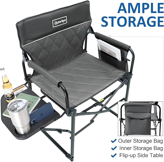 Oversized Directors Chairs Heavy Duty Folding Outdoor Chairs with Detachable Side Pocket and Adjustable Side Table for OutsideLawnFishing Folding Camping Chair up to 350Lbs Capacity (Grey)
