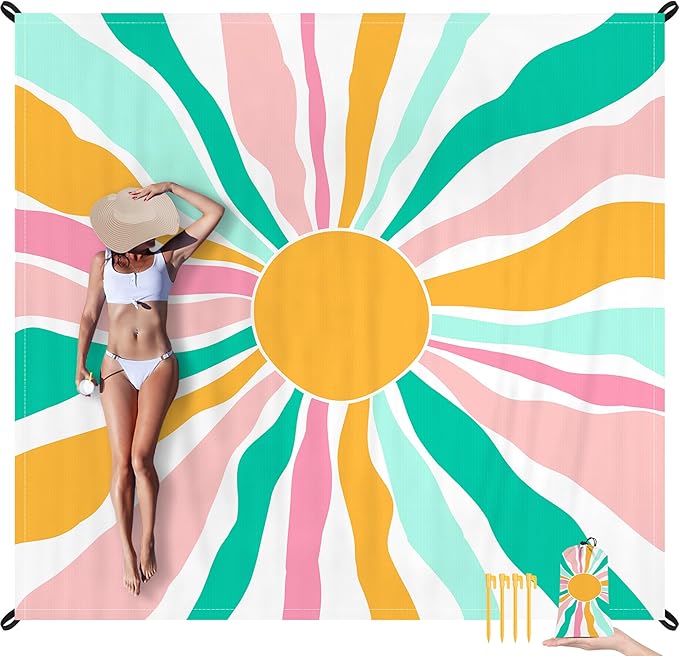 Beach Blanket Waterproof Sandproof Large Picnic Blankets with Stakes and Storage Bag Lightweight Quick Drying Compact Beach Mat Vacation Essentials for Outdoors Camping Trips-Spring Sunshine