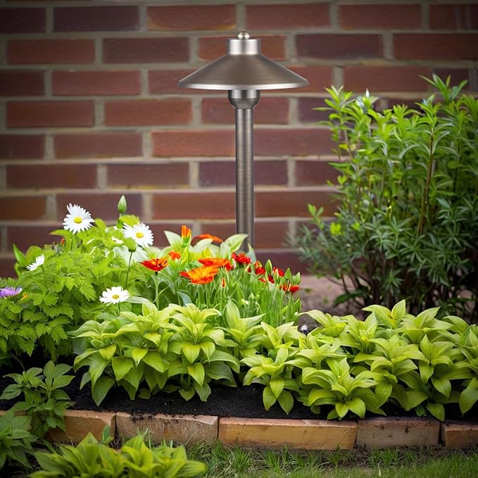 DOSHINE® Solid Brass Low Voltage Landscape Lighting Pathway Lights (7 Shade 22 Tall) with Replaceable 3W G4 LED Bulb 3000K AC/DC 12V and Ground Stake for Outdoor Walkway Driveway (HAT 6-Pack)