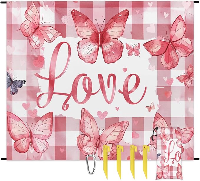 Waterproof Sandproof Beach Blanket 59''×68'' Love Butterfly Polyester Outdoor Picnic Blanket with 4 Stakes &amp Storage Bag for BeachCampingVacation Banana Red