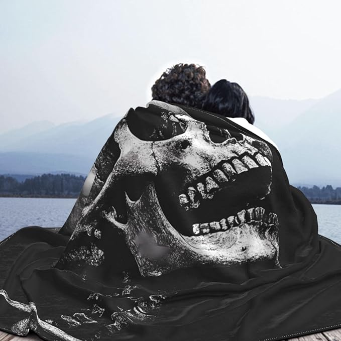 Black Skull 80x60 Printed Soft Fleece Blanket for Sofa Bed and Camping - Cozy Blanket for Travel Picnics Nighttime Use