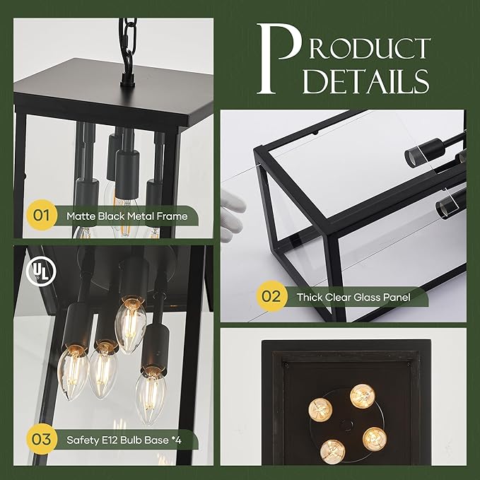 10 Modern 4-Light Exterior Black Square Lantern Pendant Light Fixture with Clear Glass Industrial Hanging Cage Chandelier for Outdoor Porch Kitchen Island Dining Room Hallway Entryway Foyer