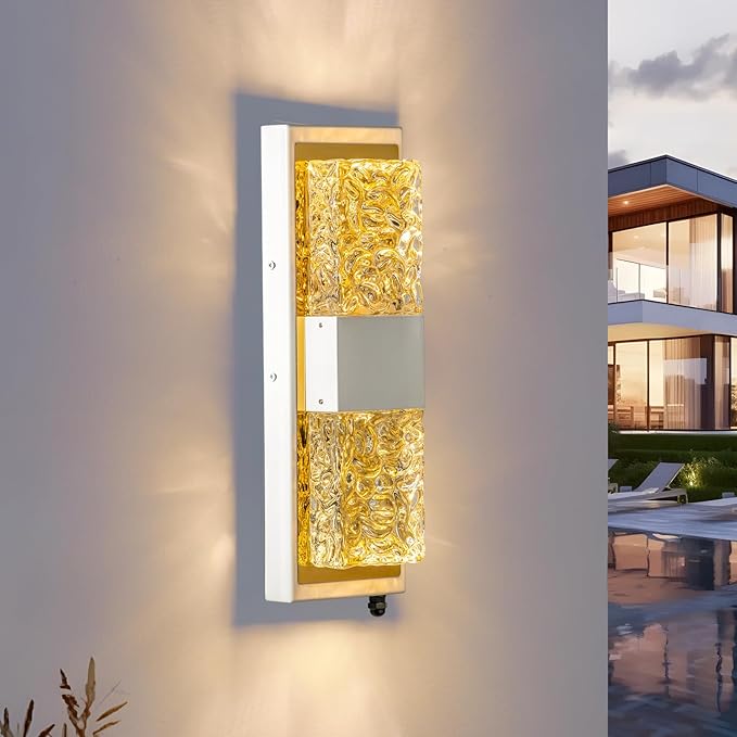 Dusk to Dawn Outdoor LightingExterior Lighting Fixtures IP65 Waterproof Porch Lights Outdoor 12W LED Crystal Modern Outside Wall Sconce for Porch Hallway Doorway Patio14.2'' White&ampGold