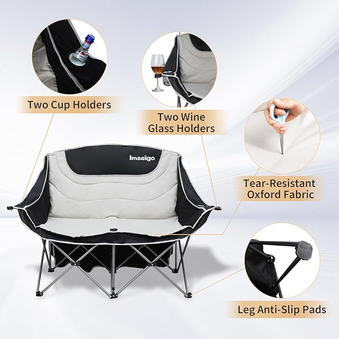 Double Camping Chair with Adjustable Shade Canopy Oversized Portable Folding Loveseat Couch 2 Person Soft Padded Couch Back Storage Bag Cup Holder for Outdoor Lawn Backyard