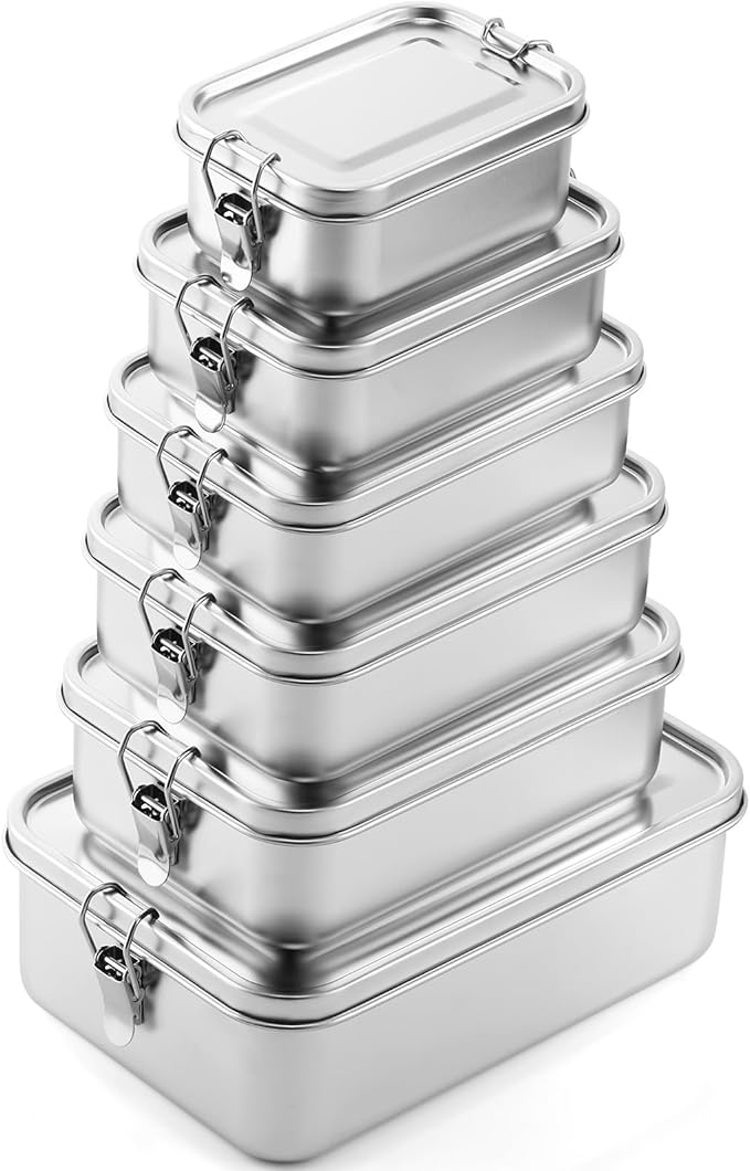 Umigy 6 Pcs Stainless Steel Food Containers 550/850/1000/1200/1400/24000 ml Metal Bento Lunch Box Stainless Steel Food Storage Containers Lockable Clips to Leak Proof Reusable Dishwasher Snack Box