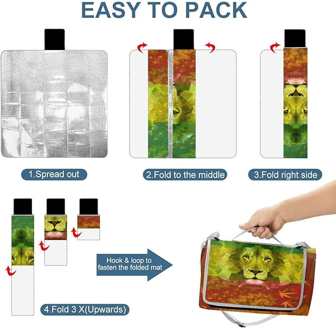 Jamaican Flag Rasta Lion Lover Waterproof Outdoor Picnic Blanket Sandproof Beach Mat for Camping Hiking Grass Travelling