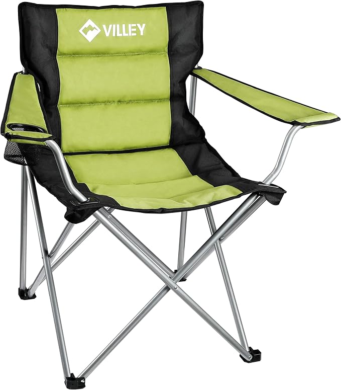 VILLEY Camping Chairs Padded Folding Chair Outdoor Portable High Camp Chair Foldable Outside Arm Chair with Cup Holder &amp Carry Bag Green