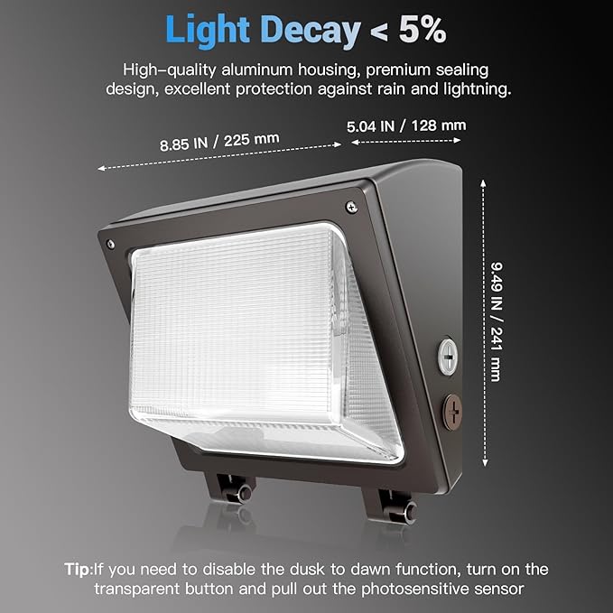 JTT 6Pack 75W/60W/45W LED Wall Pack LightsDusk to Dawn with Photocell6000/5000/4000K Daylight IP65 Wall Mount Outdoor Security LightingEnergy Saving Lights for Warehouses Yard Parking Lot Garage