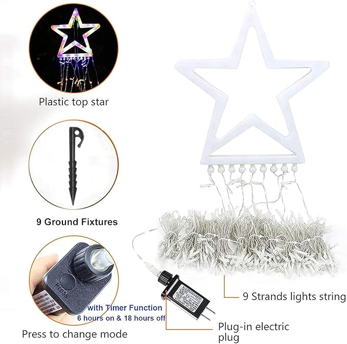 Christmas Decoration Lights Outdoor Christmas String Light 320 LED 11.5 Ft Waterfall Tree Lights with Big Star Topper 8 Light Modes for Xmas New Year Holiday Garden Yard Indoor Outdoor Decor