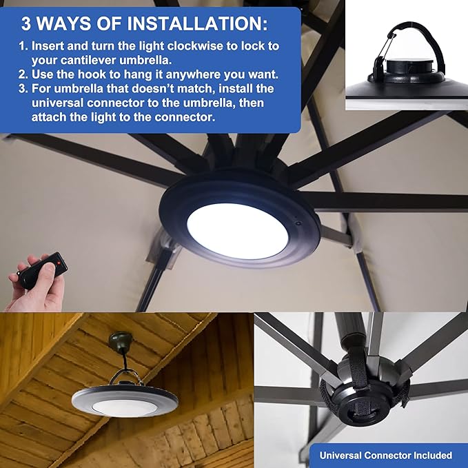 Umbrella Lights with Remote Rechargeable Patio Cantilever Umbrella Lights with 3 Brightness Modes for Offset Patio Umbrella in Outdoor &amp Garden (Black)