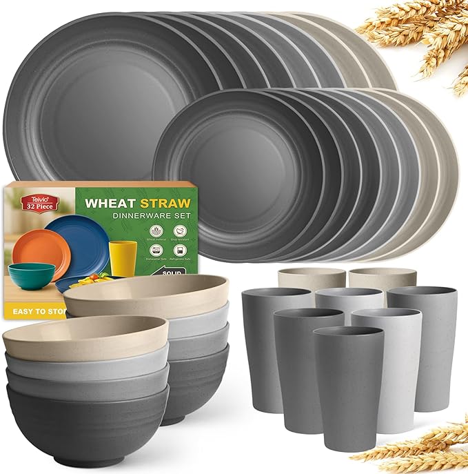 Teivio 32-Piece Kitchen Plastic Wheat Straw Dinnerware Set Service for 8 Dinner Plates Dessert Plate Cereal Bowls Cups Unbreakable Colorful Plastic Outdoor Camping Dishes Gray Stone