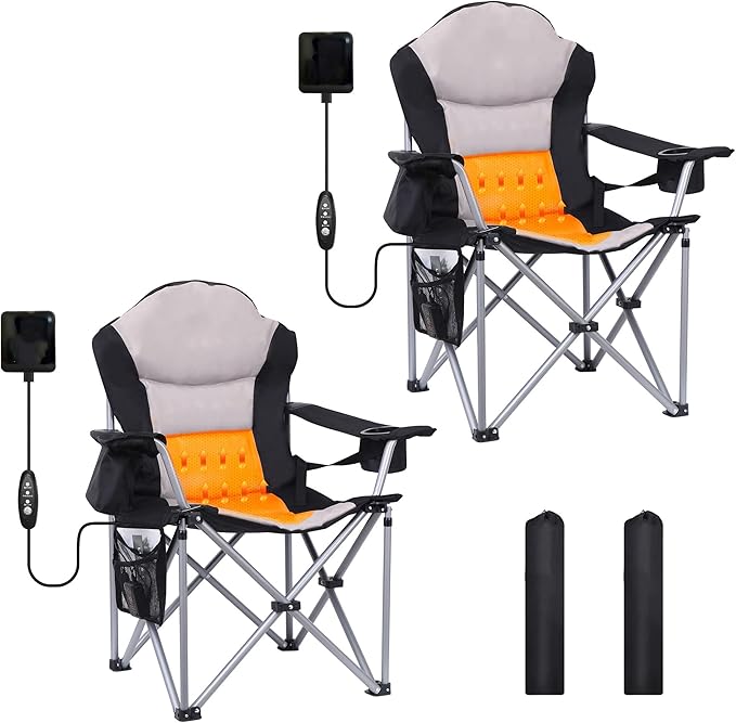Camping Chair Folding Chair Outdoor Heated Chairs Heated Camping Chairs Adjustable Chair Back with 12V 10000mAh Battery Carry Bag Cooler Bag Cup Holder and Zippered Holder (Set of 2)