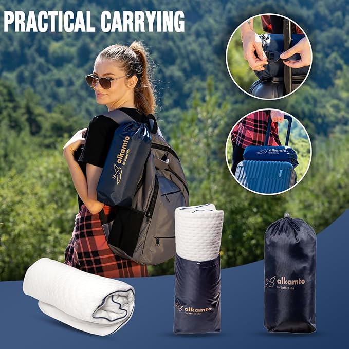 alkamto Travel &amp Camping Comfortable Memory Foam Pillow – Easy to Carry Portable Bag – Temperature Regulating Pillow Case (White Contour + Extra Cover)
