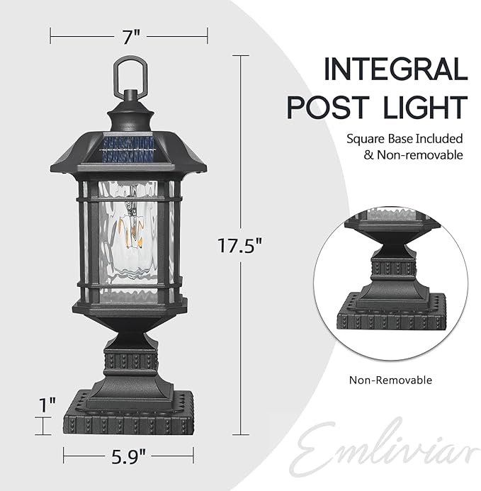 Emliviar Integral Solar Lamp Post with Fixed Pire Mount Base Matte Black LED Fence Deck Pilllar Lighting for Patio Portable Outside Solar Panels Lamp with Water Grain Glass 2084P-ML SL BK