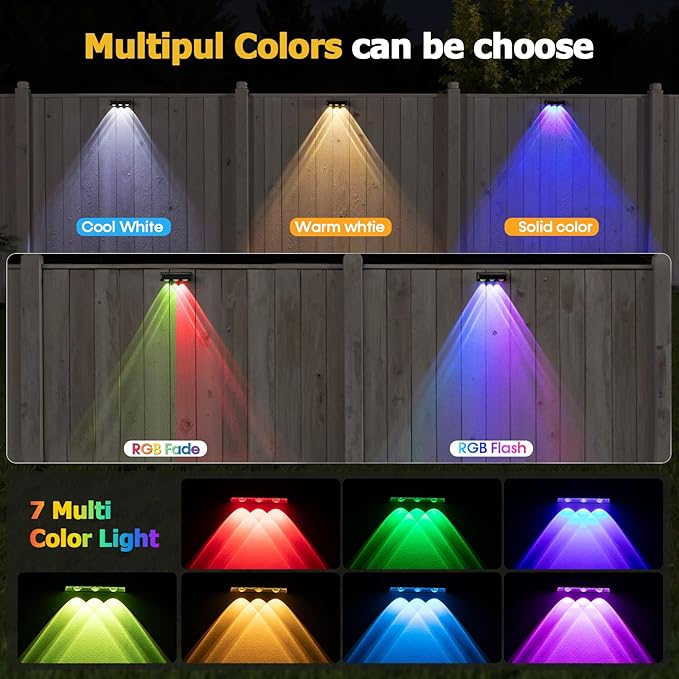 NIORSUN Solar Fence Lights8 Pack Solars Deck LightRGB ColorOutdoor Bulb Waterproof Led IP65Power Patio Lamp with Lenses for Outside/Backyard/Railing/Yard(Black)