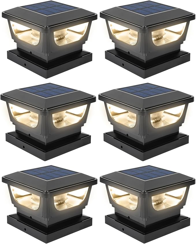 Sumaote Solar Post Cap Lights 120 Lumen 3000K Warm White LED for 3x3 Metal/Vinyl &amp 4x4 Wood Posts IP65 Waterproof Outdoor Garden Fence Deck Lighting Dusk-to-Dawn Auto On/Off (6 Pack)