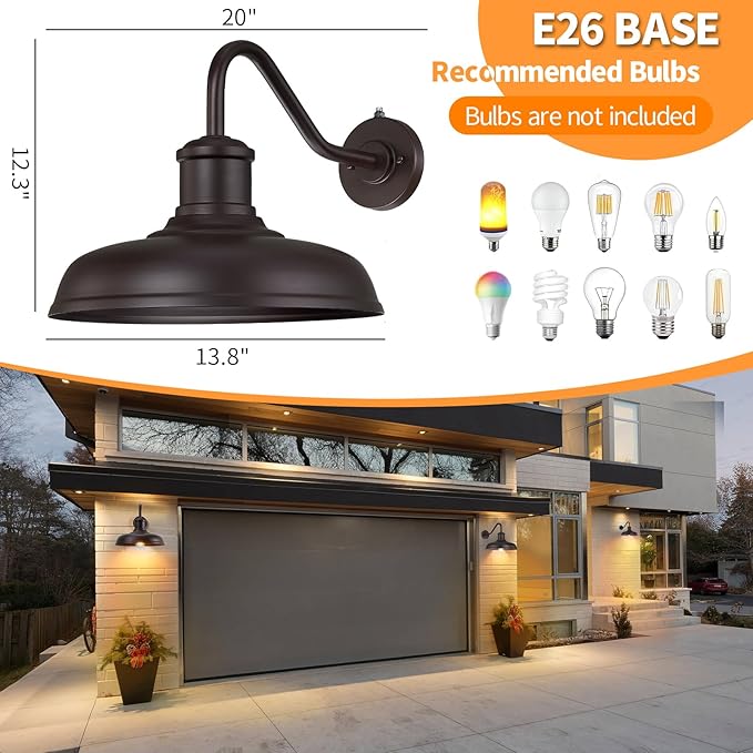 13.8'' Large Dusk to Dawn Outdoor Gooseneck Barn Light 2-Pack Outdoor Wall Sconce Farmhouse Exterior Light Wall Lighting Fixture Industrial Lantern for Porch Entryway Garage Brown