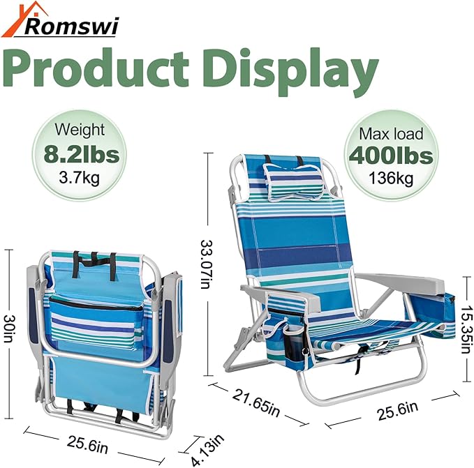 2Pk Aluminum 5-Position Lay Flat Folding Backpack Beach Chairs for Adults with Cooler Bag Cup&ampPhone Holder Towel Bar for Outdoor Lawn Picnic Sport Portable Foldable Camping Chairs Blue Stripe