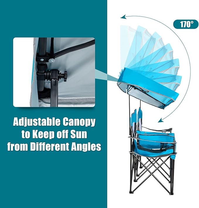 GYMAX Double Camping Chair Beach Chair with Canopy Shade Adjustable UV Protection Cooler Cup Holder &amp Carry Bag Folding Portable Lawn Soccer Camp Chair with Umbrella for Adults (Blue 2 Perso
