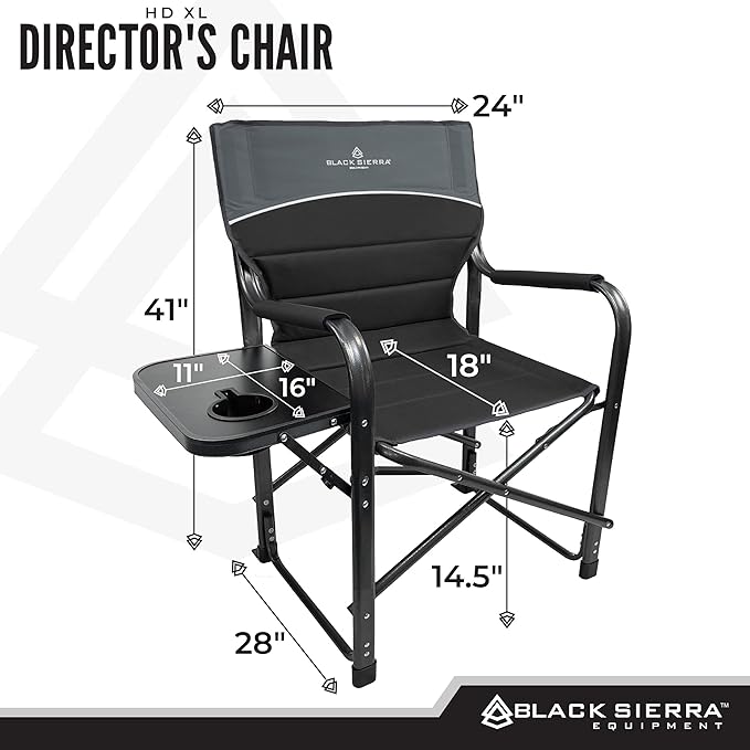 XL Directors Chair with Foldable Side Table Heavy Duty Camp Chair Supports 400 Lbs Oversize Outdoor Folding Seat with High Back and Padded Armrests for Lawn Beach Tailgating Sports (Black)