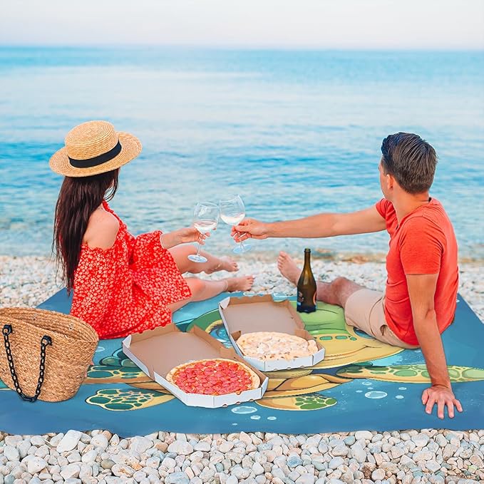 Waterproof Sandproof Beach Blanket 59''×68'' Turtle Polyester Outdoor Picnic Blanket with 4 Stakes &amp Storage Bag for BeachCampingVacation Lake Blue