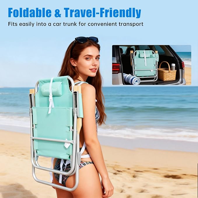 SUNNYFEEL Tall Beach Chair Reclining Beach Chair with 5-Position Portable Camping Chair for Adults with Wood Armrest Lightweight Camping Chair 300 lbs Heavy Duty Green 2 Pack
