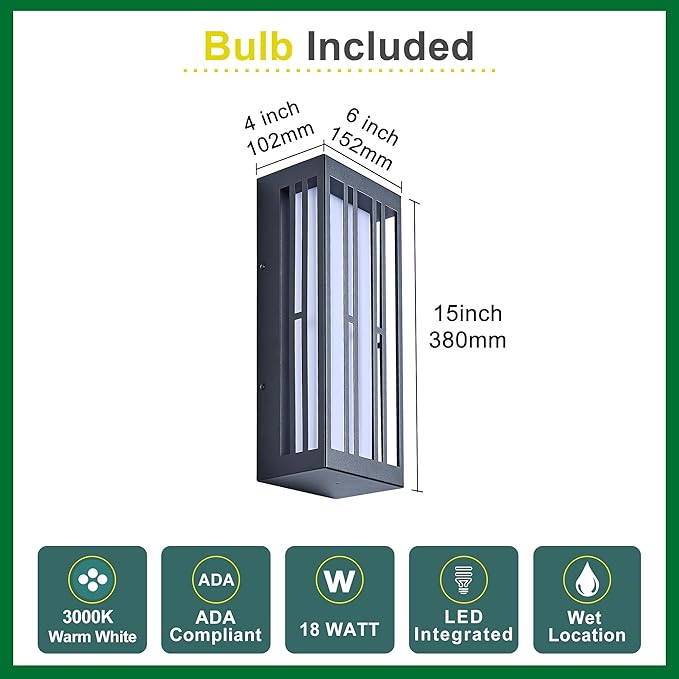 Outdoor Wall Lights IP65 Waterproof &amp Anti-Rust 1700 Lumens LED Porch Light Triac Dimming Textured Black Metal with White Acrylic Shade &amp UV RatedWall Mount for Patio Entryway