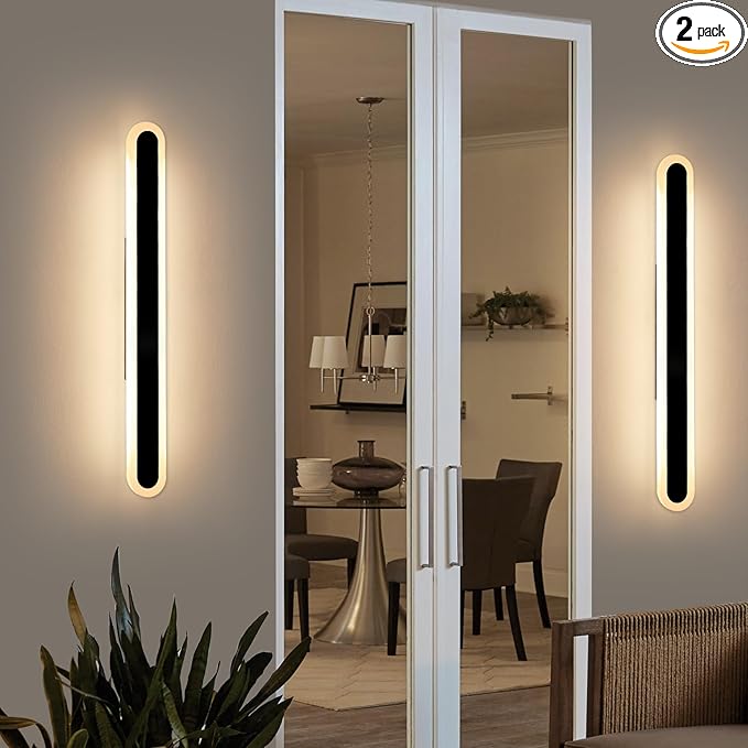 2 Pack 39.3inch Modern Outdoor Wall Light Fixture IP65 Waterproof Oval LED Wall Mounted Sconce 3000K Warm White 36W Black Strip Exterior Lighting for House Backyard Garden Garage