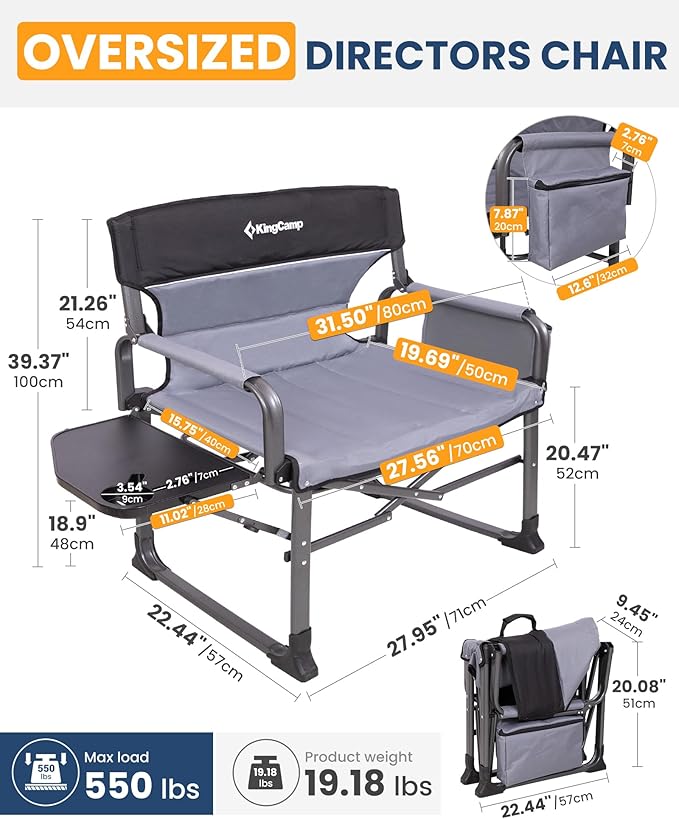 KingCamp XXL Heavy Duty Camping Directors Chair 550lbs Capacity Extra Wide Oversized Camp Chairs with Side Table &amp Cooler Bag Compact Padded Folding Chair for Big and Tall Outdoor Sports Picnic