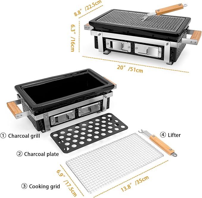 Charcoal BBQ Hibachi Grill with Grid Lifter Portable Yakitori Grill with Stainless Steel Grate Barbecue Stove for Outdoor Camping Picnic Patio Backyard Cooking GS306