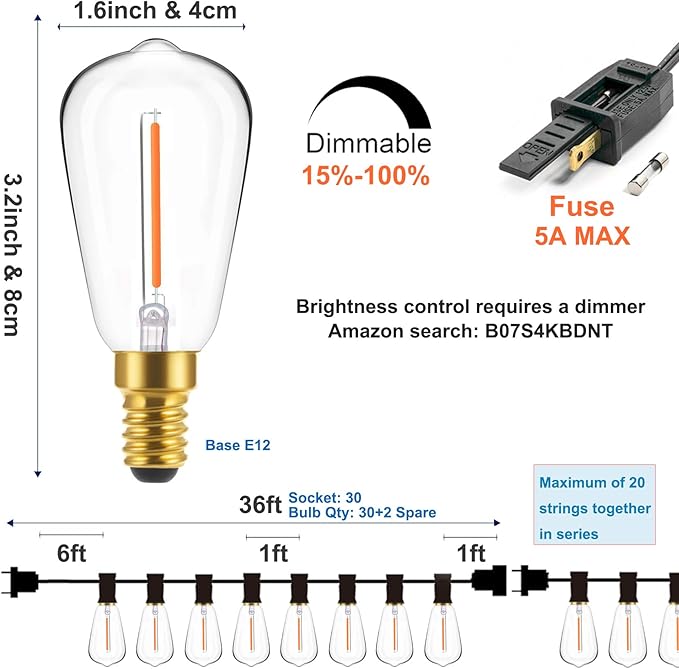 Outdoor String Lights 36ft with LED Filament Bulbs 30+2(Spare) Dimmable Shatterproof Waterproof for Indoor/Outdoor Decoration and Lighting Edison Vintage Style Warm 2200K