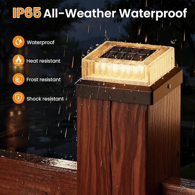 APONUO Solar Post Cap Lights 8-Pack Fence Post Solar Lights with 20 Lumens 3-Sided Panoramic Glow IP65 Waterproof Fence Deck Patio Garden Decor Easy No-Tool Install for 4x4 Posts Black