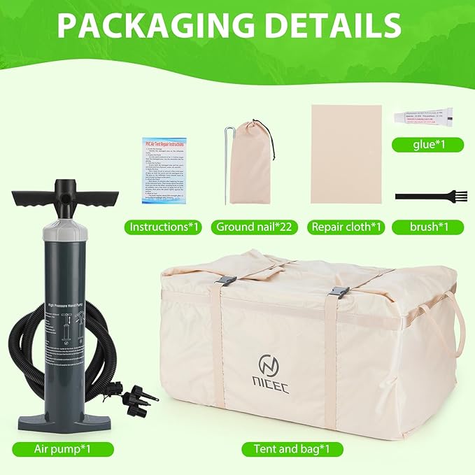 Nice C Inflatable Tent for Camping Glamping Tent for Adults Blow Up Tents with Air Pump 2-in-1 Air Valve Chimney Opening Waterproof Windproof Easy Set Up