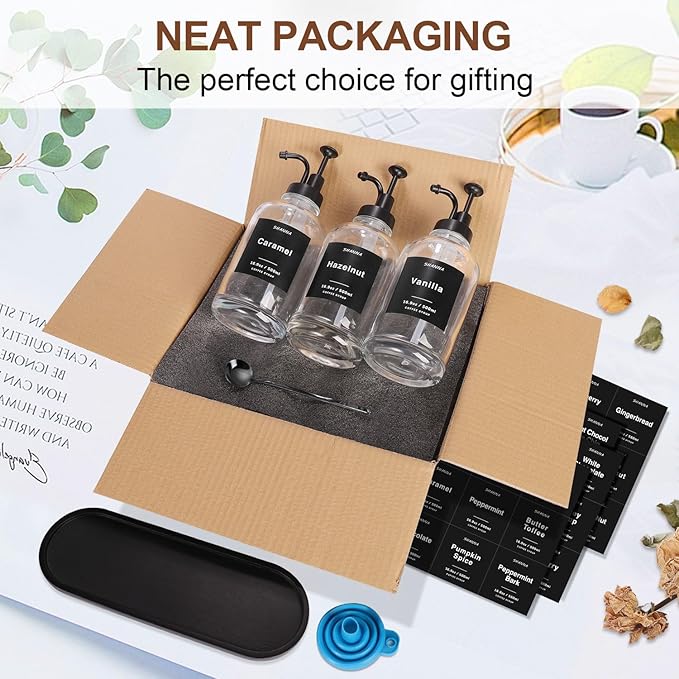 Coffee Syrup Dispenser for Coffee Bar 16.9oz 500ml Glass Syrup Dispenser w Black Coffee Scoop Coffee Syrup Pump Dispenser w 36 Labels and Bamboo Tray Coffee Syrup Bottles with Black Pump 3PCS
