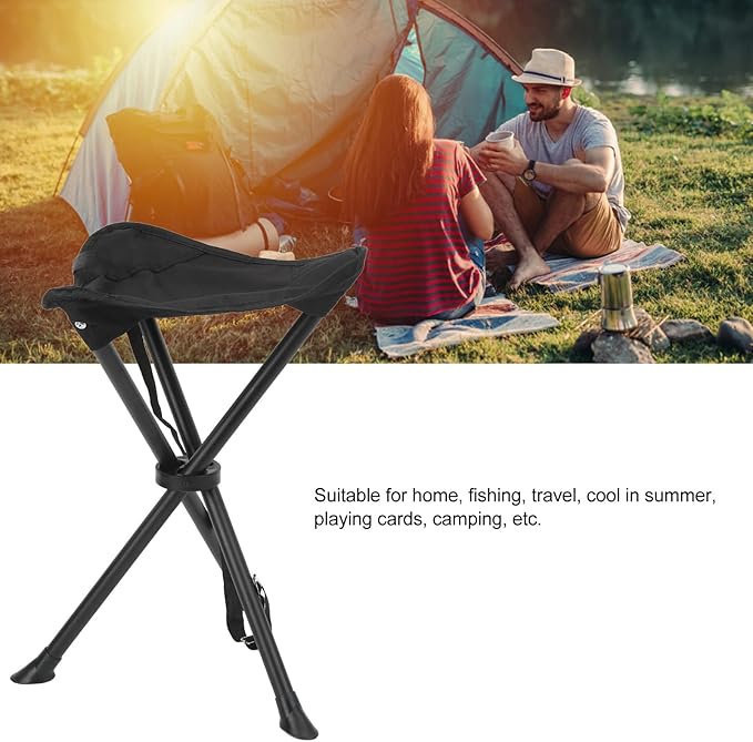 Folding Tripod Stool Foldable Tripod Stool 200KG Load Bearing Anti Slip Good Stability with Non Slip Feet for Outdoor Camping (Black)