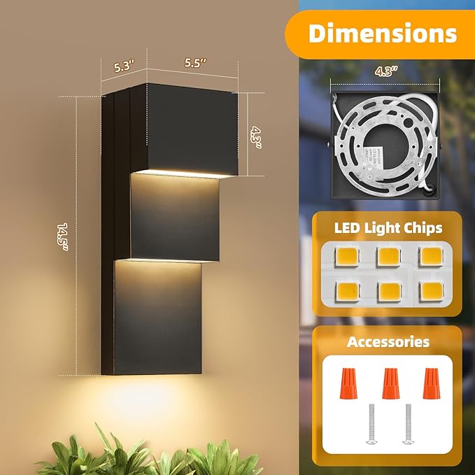 tewei Modern LED Outdoor Wall Sconce 30W Exterior Lighting Fixtures Black Outside Lights for House Integrated LED Outdoor Wall Mount Lights for Front Porch Garage Warm White 3000K 2 Pack