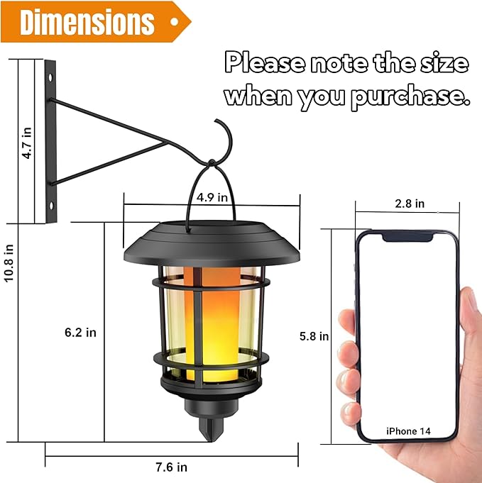Dynaming 4 Pack Solar Flame Wall Lanterns Outdoor Solar Powered Wall Mounted Sconce Lights Flickering Flame LED Light Auto On/Off Hanging Lights Waterproof for Garage Stair Patio Porch Yard
