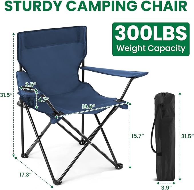 Folding Camping Chairs 2 Pack for Adults 300LBS Capacity Foldable Portable Lawn Chairs with Carry Bag Compact Design for Camp Beach Picnics and Outdoor (Navy)