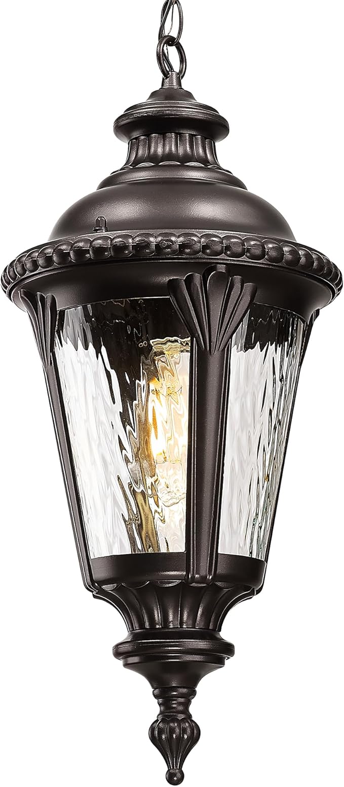 Emliviar 21.3 Modern Hanging Porch Light with Adjustable Chain Water Ripple Glass Outside Hanging Lighting in Oil Rubbed Bronze Finish XE265H-M ORB-SW