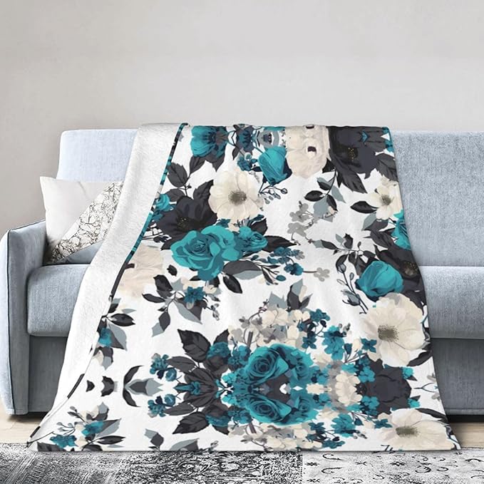 Blankets 60x50 - Lightweight Durable and Compact Anti-Wrinkle Blanket for Bed Sofa Camping Cinema and Travel Black White Teal Gray Rose Flowers Printed