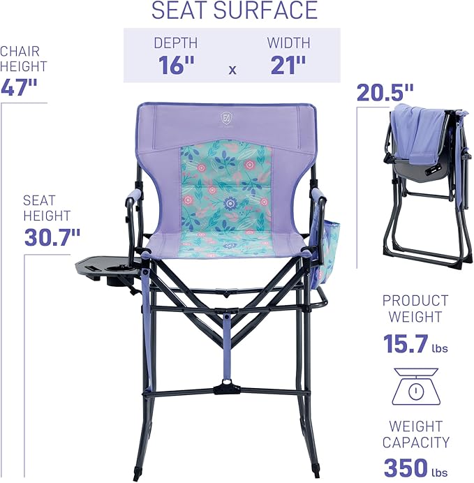 EVER ADVANCED Portable 30.7 Seat Height Tall Folding Camping Chair Directors Chair High Foldable Bar Stool with Side Table for Makeup Artist Sports Event Craft Show Supports 350LBS