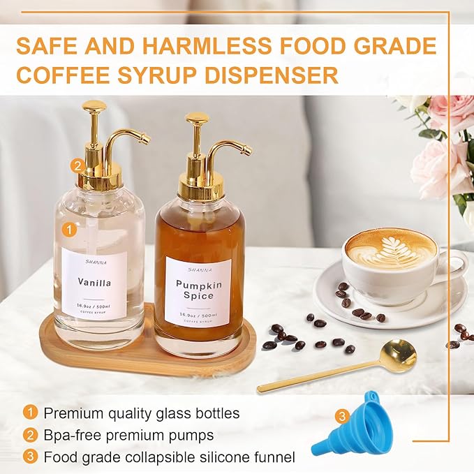 Coffee Syrup Dispenser for Coffee Bar 16.9oz 500ml Glass Syrup Dispenser w Golden Coffee Scoop Coffee Syrup Pump Dispenser w 36 Labels and Bamboo Tray Coffee Syrup Bottles with Golden Pump 2PCS
