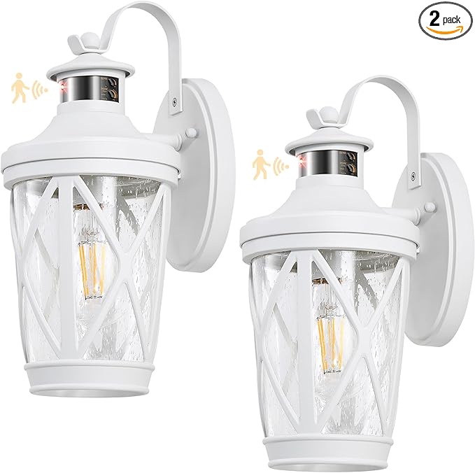 VIANIS Motion Sensor Outdoor Wall Light Fixtures 2-Pack White Dusk to Dawn Front Porch Lights Anti-Rust Outdoor Lanterns Wall Mount with Adjustable Sense Range Exterior Coach Light for Garage