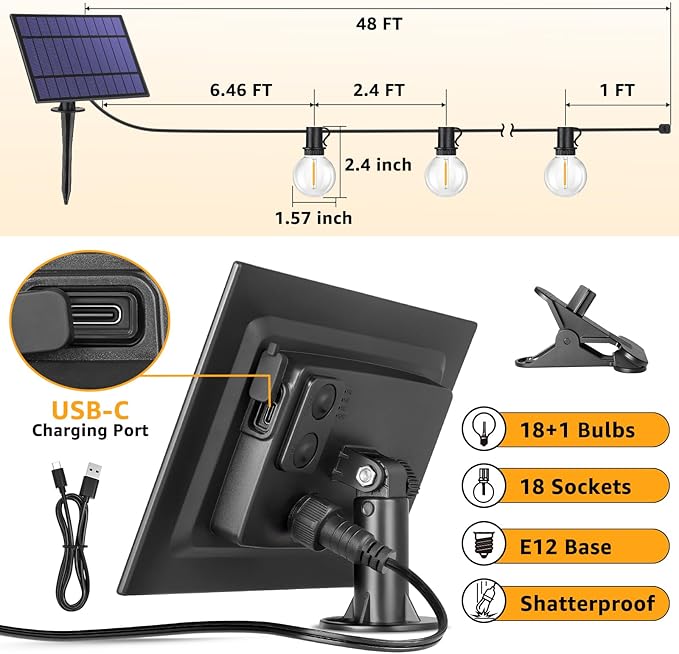 Mlambert 144FT(3x48FT) Solar String Lights with Remote Outdoor Waterproof Patio Light with 54 LED Shatterproof G40 Bulbs(3 Spare) for Yard-Black Wire