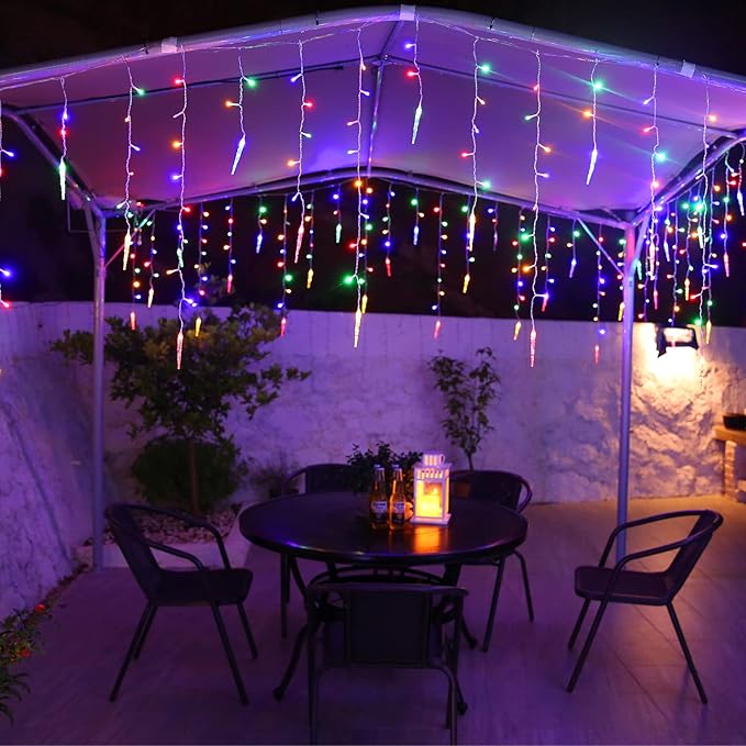 LYHOPE Christmas Icicle Lights 432 LED 35.4ft 8 Modes Low Voltage Icicle String Lights with 72 Drops Icicle Fairy Twinkle Lights for Xmas Eaves Wedding Garden Outdoor Indoor Decor (Multicolor)